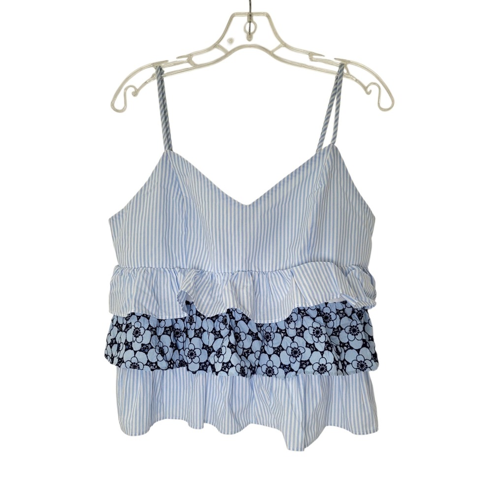 English Factory Blue White Striped Ruffle Floral Camisole Top MK1206T Large NWT